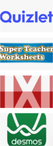 Student studying with Quizlet digital flashcards and Boom Learning cards, Printable worksheets from Super Teacher Worksheets for literacy practice, Mathway app showing step-by-step solution for algebra problem, Student using Desmos graphing calculator to visualize algebra equations