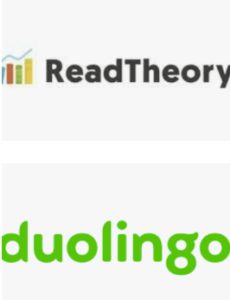 ReadTheory interface showing adaptive reading exercises for students, Student practicing Spanish with Duolingo gamified language lessons